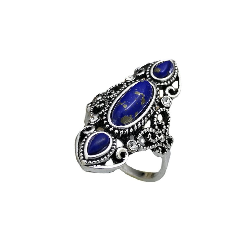 Lady’s Ring Bohemian Navy Blue Turquoise Hollow Carved Lapis Lazuli Ring Size 7